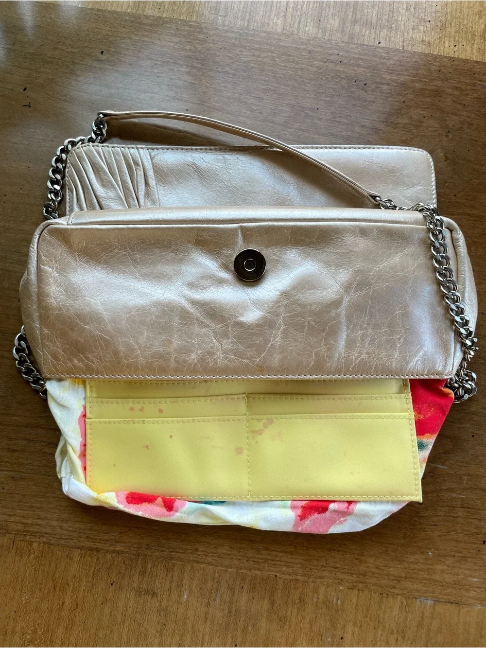 HOBO Cream Champagne Metallic Leather East-West Shoulder Bag with Chain Strap